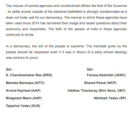 9 विपक्षी नेताओं ने इस चिट्‌ठी में लिखा कि जिस तरीके से सरकार केंद्रीय एजेंसियों का दुरुपयोग कर रही है, उससे इनमें लोगों का भरोसा कम होने लगा है।