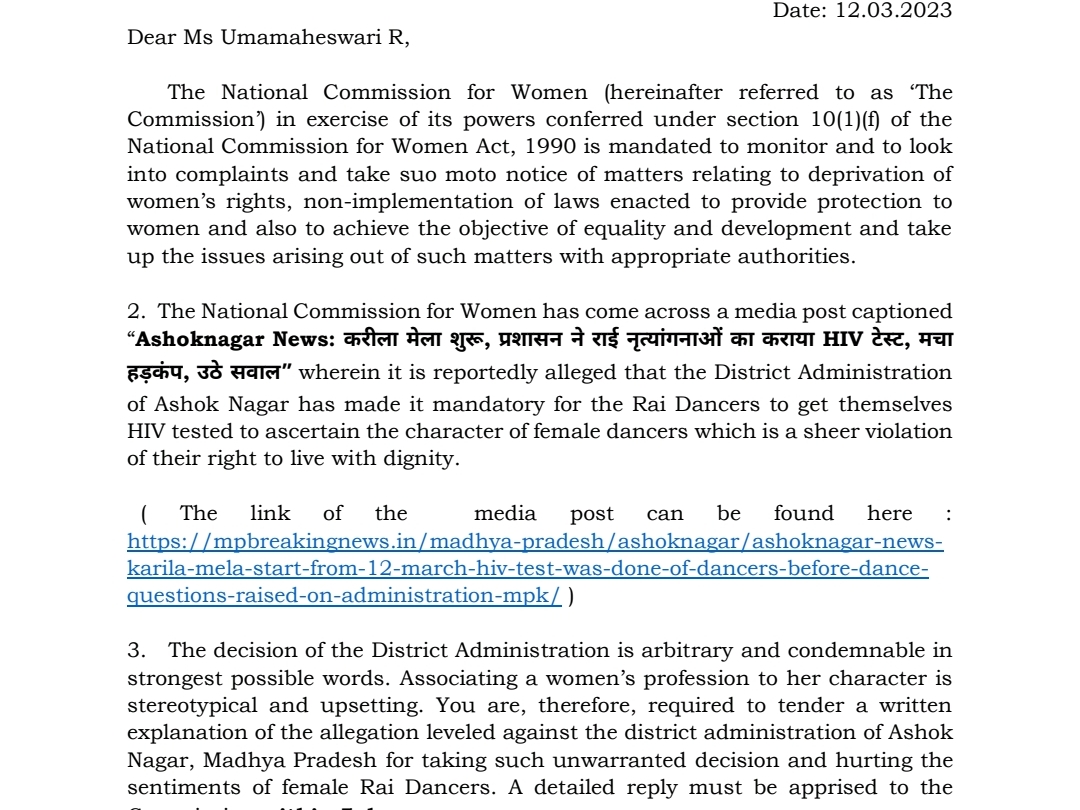 आयोग ने इसे डांसर्स के मानवाधिकार का उल्लंघन बताते हुए कलेक्टर को नोटिस दिया है। कलेक्टर से 5 दिनों में जवाब मांगा है। प्रशासन ने जांच के लिए 3 सदस्यीय टीम का गठन किया है, जिसे 2 दिन में जांच रिपोर्ट देनी है।