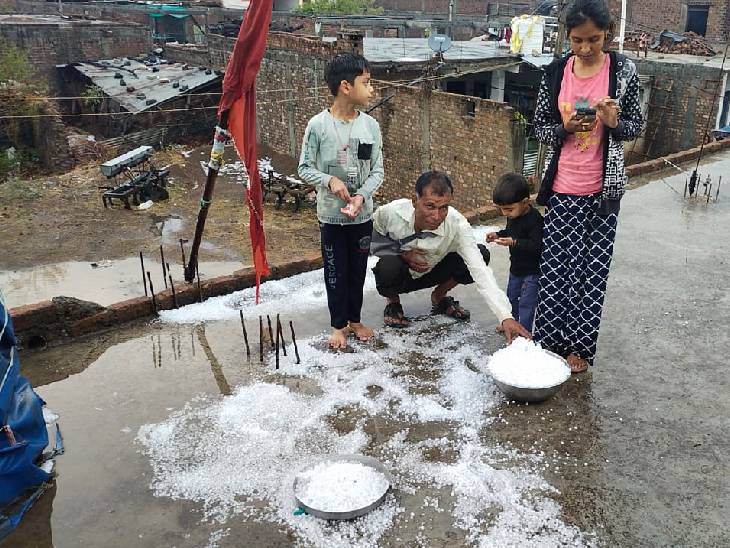 मंदसौर में शनिवार दोपहर बेर के आकार के ओले गिरे। एक शख्स ने इसे टोकरी में भर लिया।