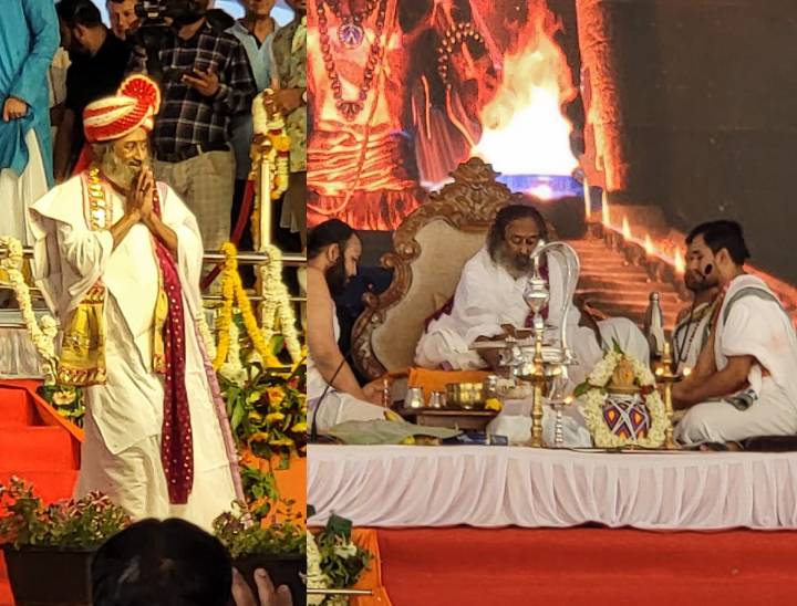 मंच से अभिवादन करते श्रीश्री रविशंकर (बाएं)।आध्यात्मिक गुरु ने रूद्राभिषेक भी किया(दाएं)।
