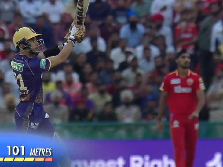 IPL डेब्यू कर रहे कोलकाता के रहमानुल्लाह गुरबाज ने अपनी दूसरी ही बॉल पर 101 मीटर लंबा छक्का लगाया।