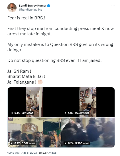 पेपर लीक केस में तेलंगाना BJP अध्यक्ष गिरफ्तार:बंदी संजय कुमार को आधी रात घर से उठाकर ले गई पुलिस; वारंगल कोर्ट में होगी पेशी 2 बंदी संजय पूरे घटनाक्रम के वीडियो शेयर करते हुए कहा कि BRS पार्टी उनसे बदले की राजनीति कर रही है।