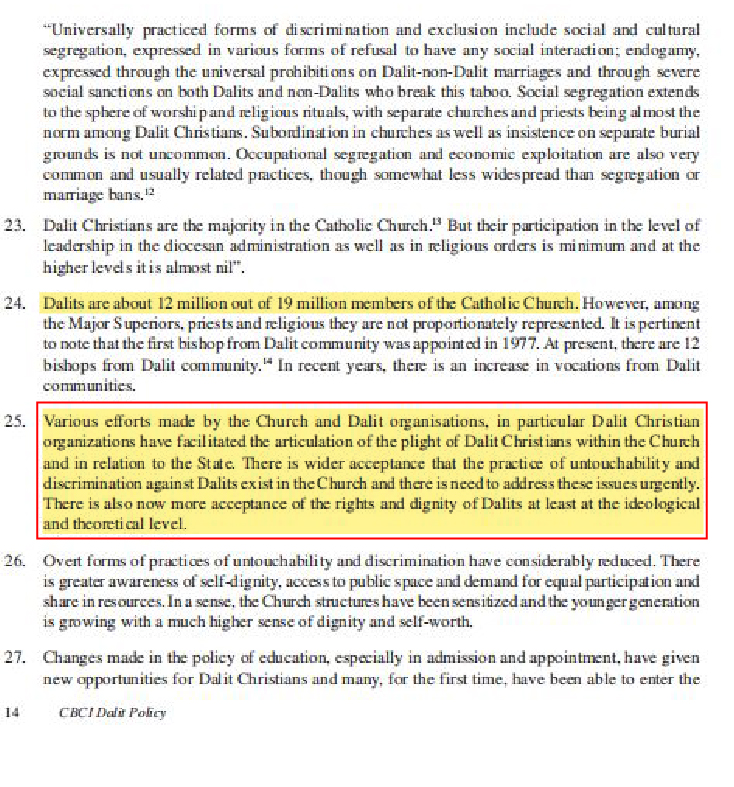 डॉक्यूमेंट के पेज नंबर 14 के 25वें पॉइंट में दलित ईसाइयों से भेदभाव का जिक्र है।