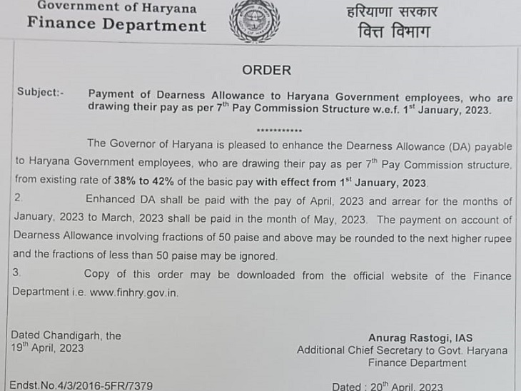 वित्त विभाग द्वारा जारी किया गया लेटर।