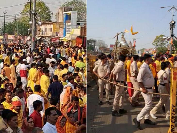 पुलिस ने रस्सी के सहारे भीड़ को नियंत्रित किया। भक्त यात्रा मार्ग पर कतार से खड़े नजर आए।