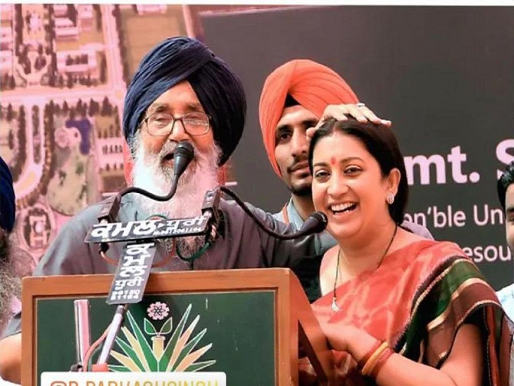 केंद्रीय  मंत्री स्मृति इरानी ने पूर्व मुख्यमंत्री प्रकाश सिंह बादल के साथ अपनी पुरानी यादगार सोशल मीडिया पर शेयर की है। - Dainik Bhaskar