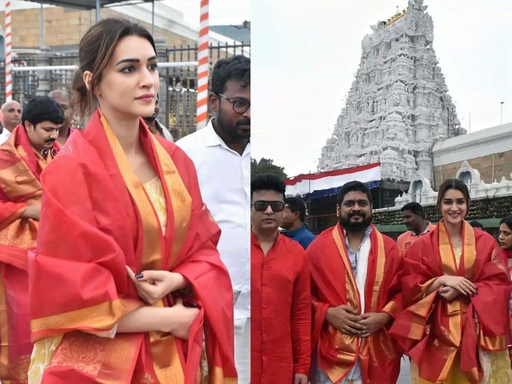 दर्शन के बाद मंदिर परिसर में आदिपुरुष की टीम के साथ ओम राउत- कृति सेनन