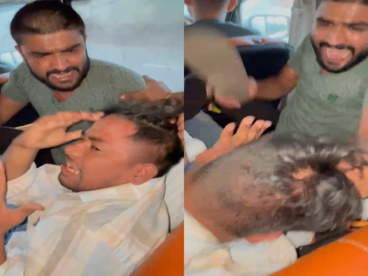 वायरल वीडियो में कार में युवक को चप्पल से पीटते हुए - Dainik Bhaskar