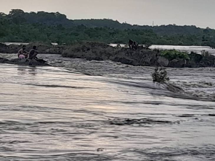 नर्मदा में मछली पकड़ने उतरे चार युवक नदी में टापू पर फंस गए।