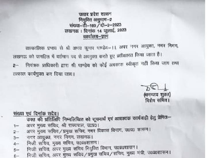 अभय पांडेय के तबादले का आदेश।