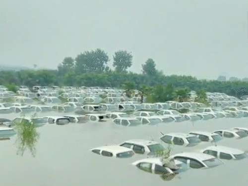 हिंडन नदी का जलस्तर बढ़ने से नोएडा के ईको-टेक इलाके में सैकड़ों गाड़ियां डूब गई।