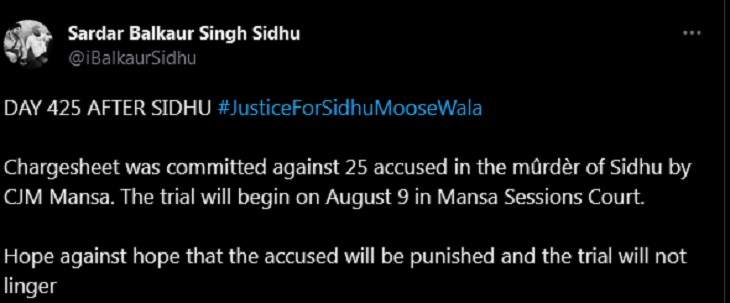 मूसेवाला के पिता बलकौर सिंह द्वारा किया गया ट्वीट।