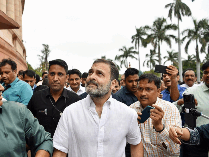 मानसून सत्र के दौरान पार्लियामेंट पहुंचने पर समर्थकों ने राहुल गांधी का स्वागत किया गया।