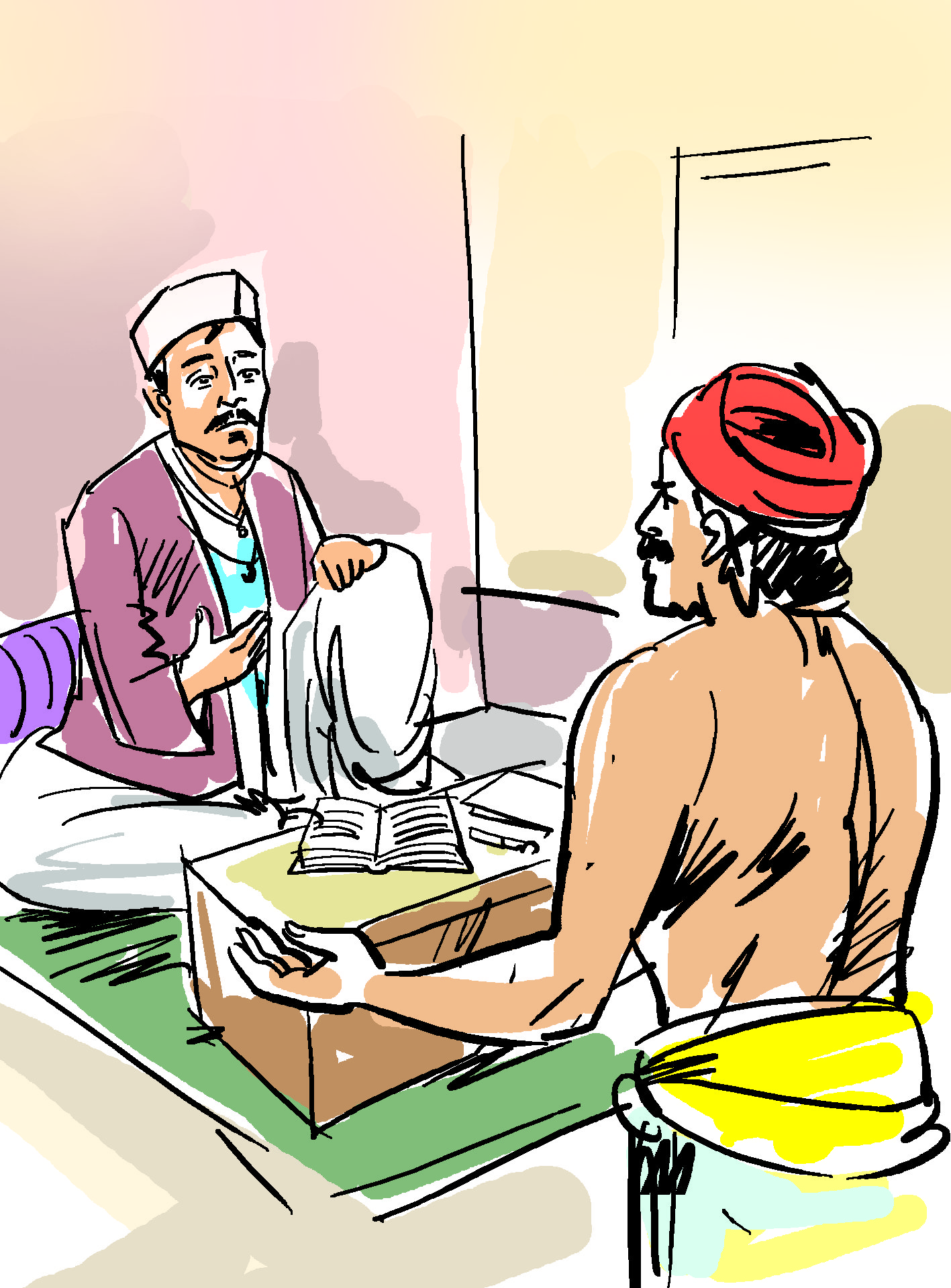 साहूकार को कपास बेचने की कोशिश करता कालूराम (स्केचः गौतम चक्रवर्ती)