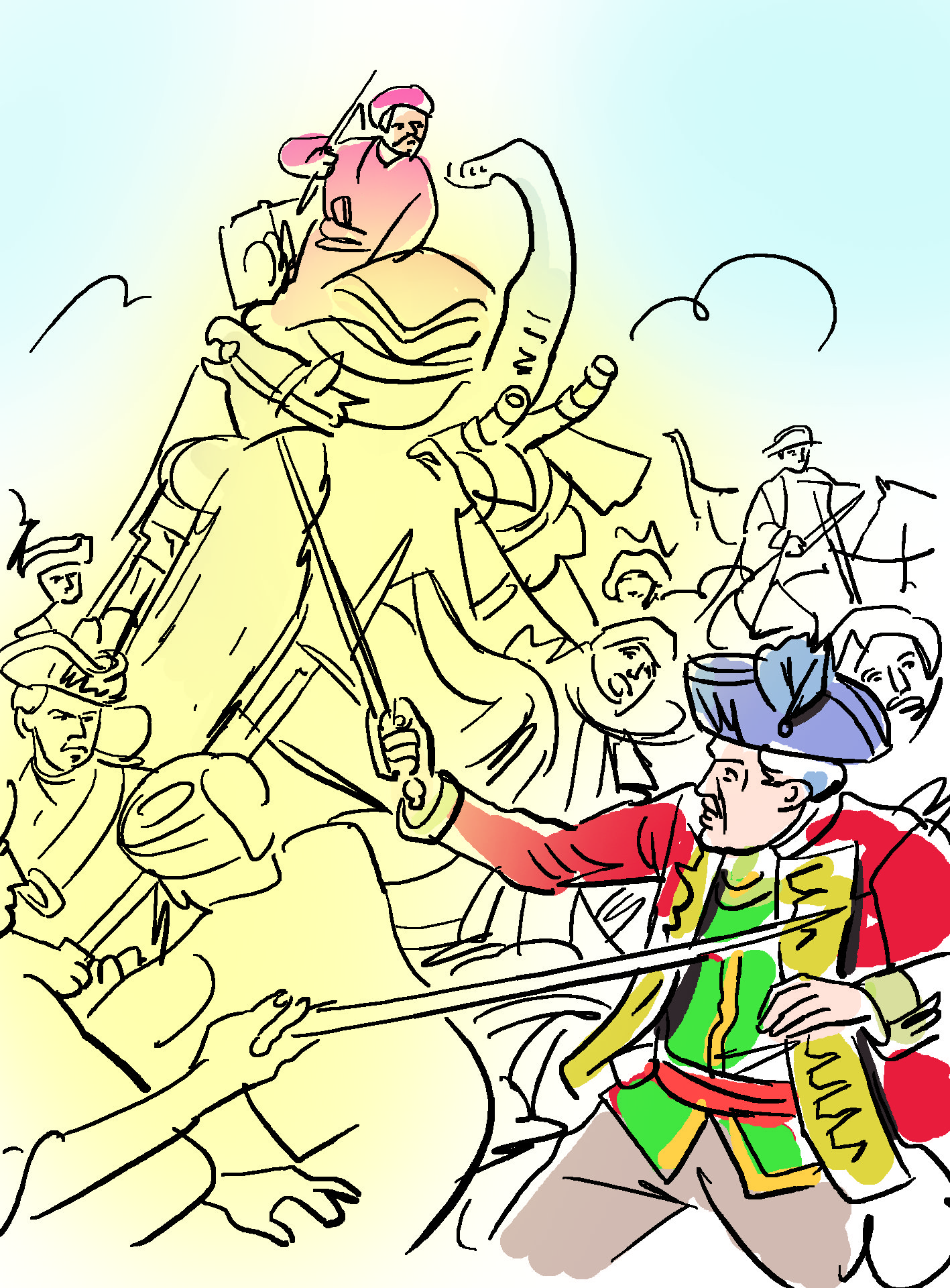 सिराजुद्दौला और ईस्ट इंडिया कंपनी की सेना के बीच जंग का एक दृश्य (स्केचः गौतम चक्रवर्ती)