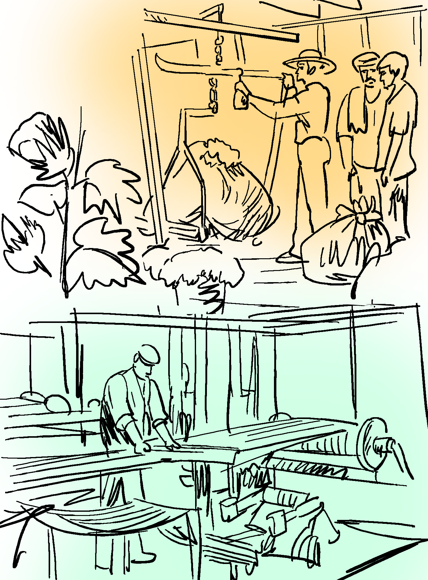 भारत से अंग्रेज कपास सस्ते दामों पर इंग्लैंड ले जाते, इंग्लैंड की फैक्ट्रियों में उससे कपड़े बनाते और फिर वापस भारत लाकर मोटे मुनाफे पर बेचते। (स्केचः गौतम चक्रवर्ती)