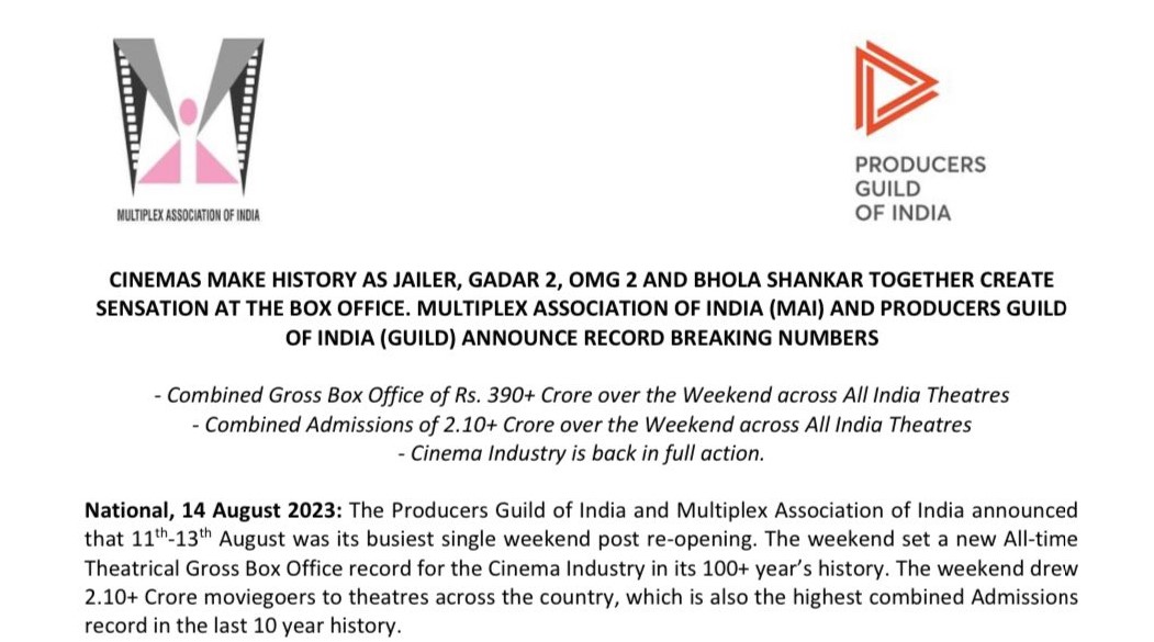 यह जानकारी मल्टीप्लेक्स एसोसिएशन ऑफ इंडिया और प्रोड्यूसर्स गिल्ड ऑफ इंडिया ने एक ऑफिशियल स्टेटमेंट जारी करके दी।