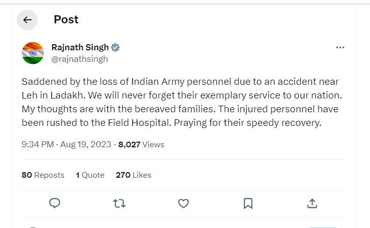 रक्षा मंत्री राजनाथ सिंह ने लिखा- लद्दाख में लेह के पास एक दुर्घटना में भारतीय सेना के जवानों की मौत से दुखी हूं। मेरी संवेदनाएं शोक संतप्त परिवारों के साथ हैं।