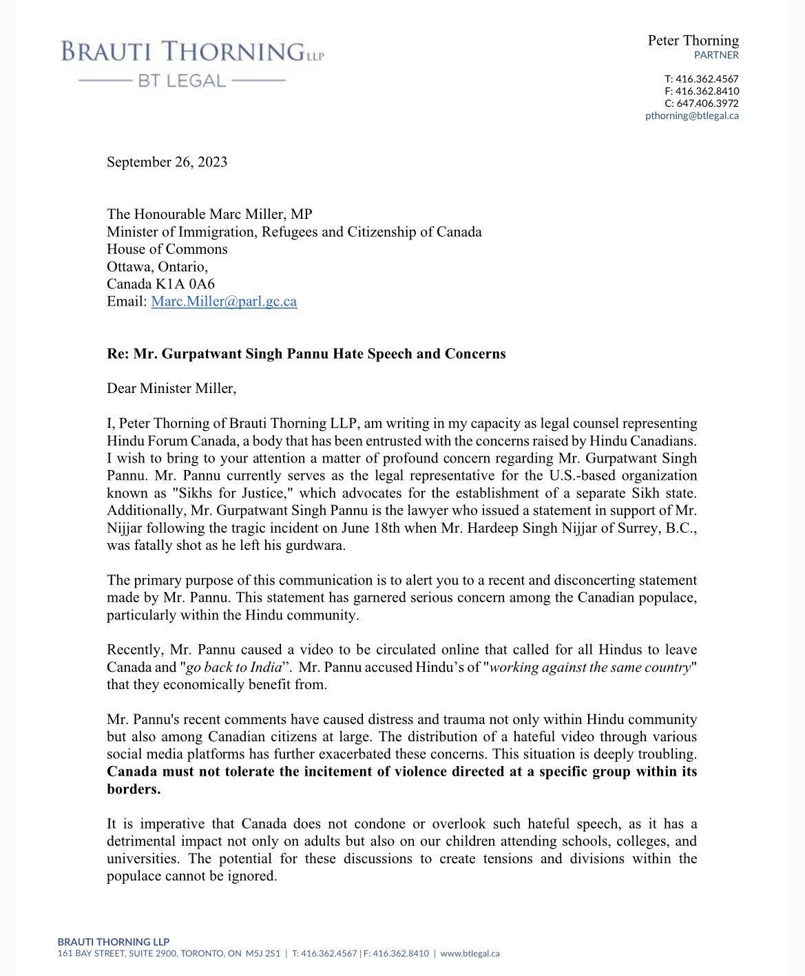 हिन्दू फोरम कनाडा ने मंगलवार को खत लिखकर पन्नू पर सख्त एक्शन लेने और कनाडा में उसकी एंट्री पर बैन लगाने की मांग की गई है।
