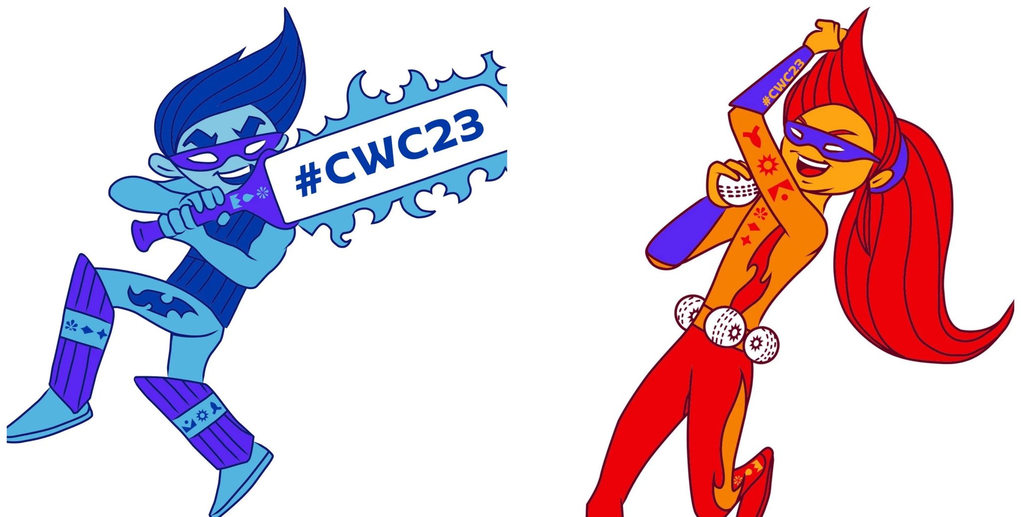 वनडे वर्ल्ड कप 2023 का ऑफिशियल मस्कट। इसमें पुरुष बल्लेबाज टोंक और महिला गेंदबाज ब्लैज का इस्तेमाल किया गया है।