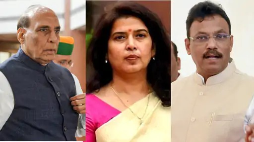 रक्षा मंत्री राजनाथ सिंह, राज्यसभा सदस्य सरोज पांडे और भाजपा के राष्ट्रीय महासचिव विनोद तावड़े।