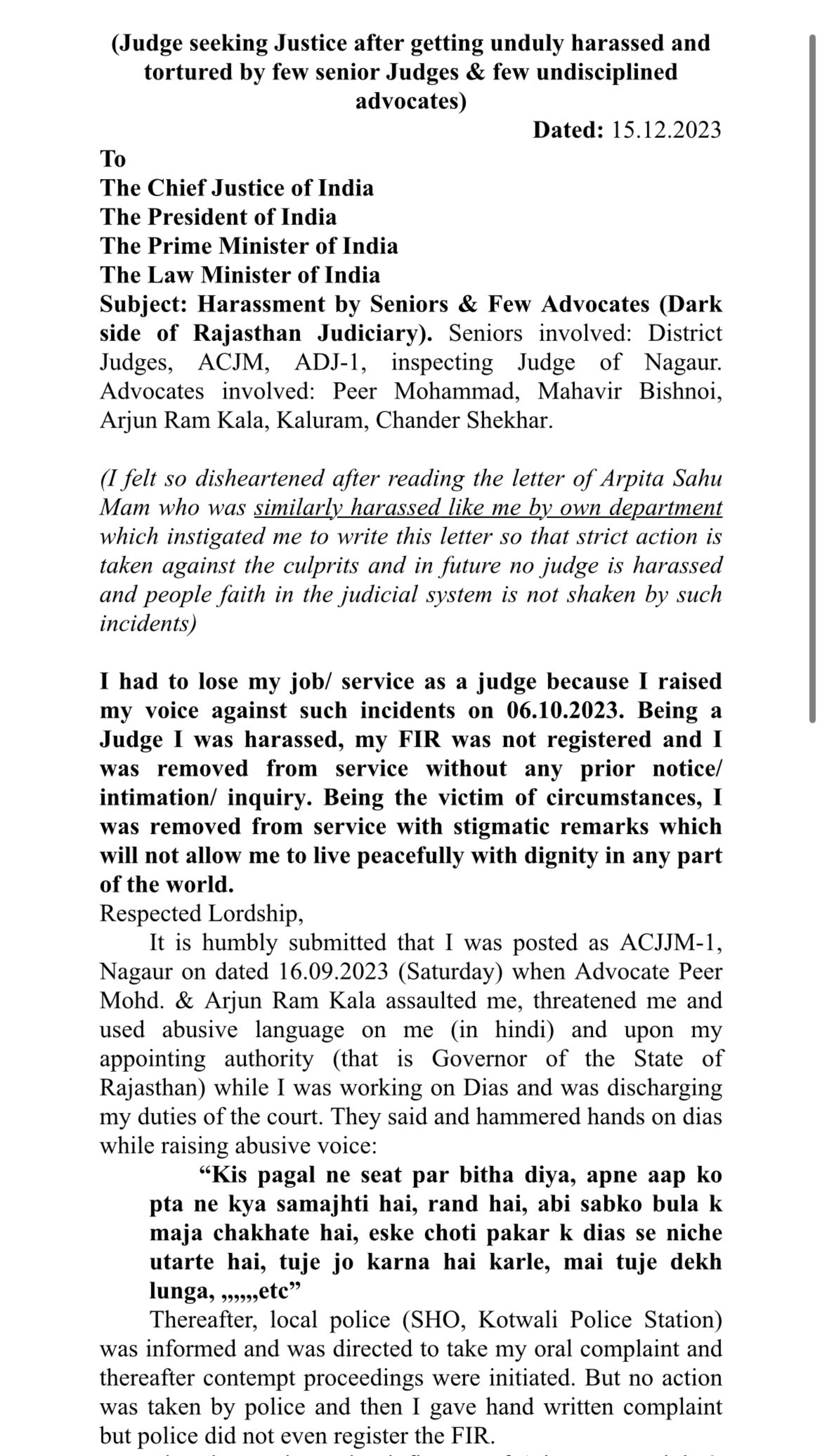 एलिजा गुप्ता ने ये लेटर 15 दिसंबर, 2023 को लिखा था। इसमें उन्होंने धमकी देने वाले वकीलों के नाम बताए हैं।