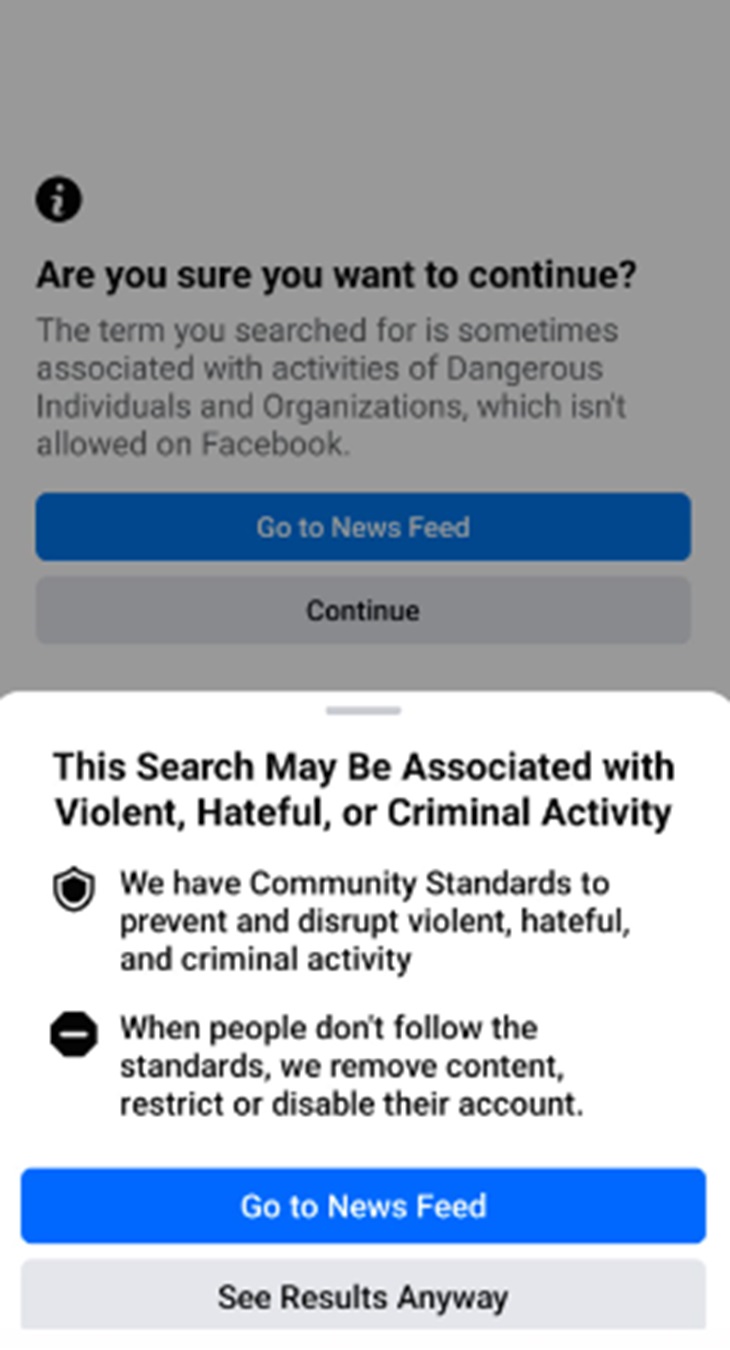 फेसबुक सर्च में गोल्डी बराड़ का नाम लिखते ही अब ये मैसेज आ रहा है।