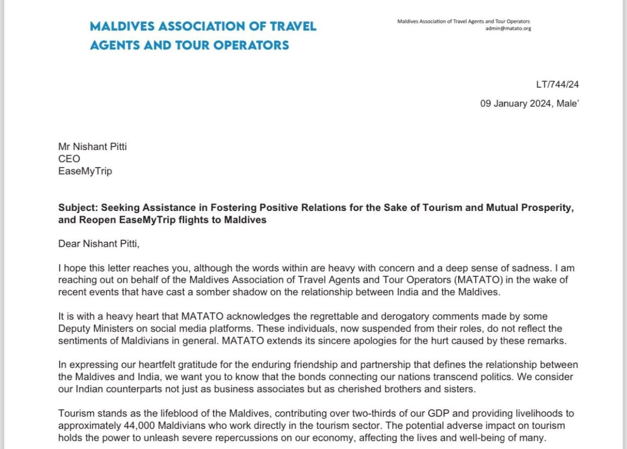 तस्वीर मालदीव के टूरिज्म एसोसिएशन की तरफ से ईज माय ट्रिप को लिखे लेटर की है।
