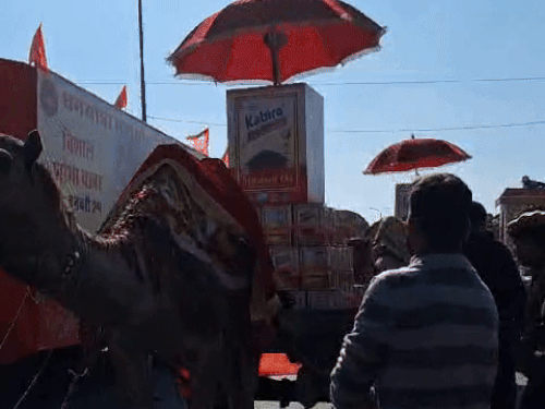 अयोध्या के लिए भेजे जाने वाले तेल के पीपों को शोभायात्रा में ऊंट गाड़ियों पर भी रखा गया था। - Dainik Bhaskar