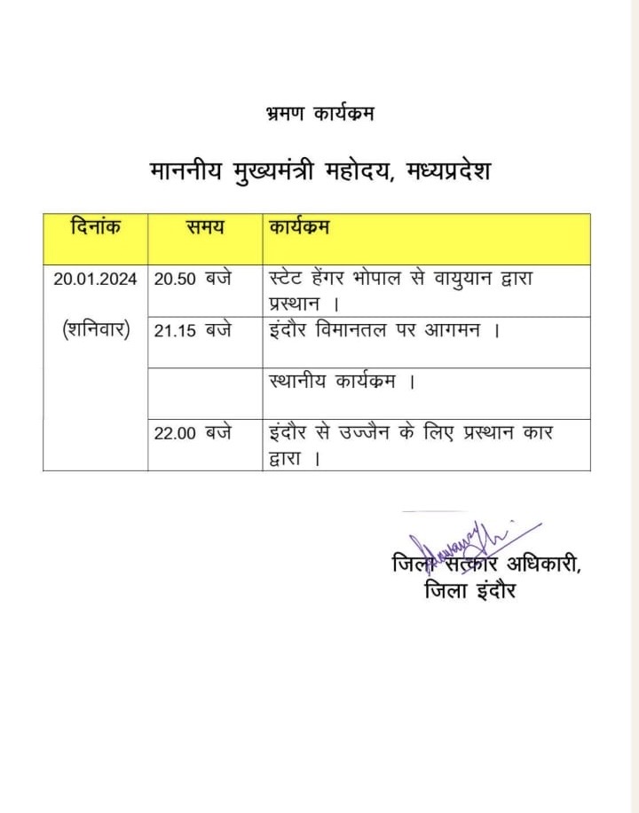 सीएम मोहन यादव का शनिवार देर शाम इंदौर में प्रस्तावित कार्यक्रम।