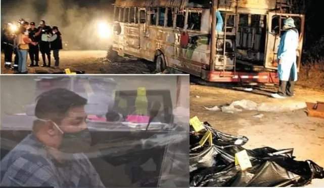 सोशल मीडिया पर जली हुई बस, काले कपड़े में ढके शव और आरोपी (बॉक्स में) की यह तस्वीर वायरल हुई थी।