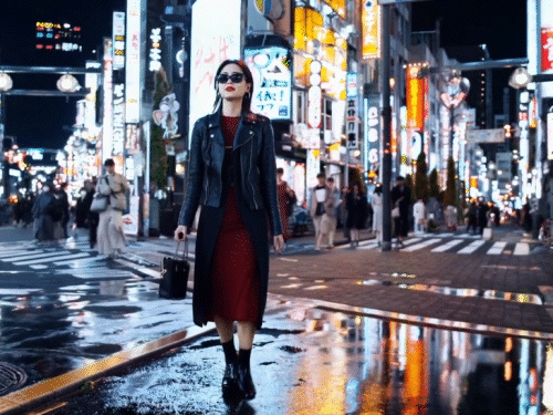 Prompt: A stylish woman walks down a Tokyo street filled with warm glowing neon and animated city signage. She wears a black leather jacket, a long red dress, and black boots, and carries a black purse. She wears sunglasses and red lipstick. She walks confidently and casually. The street is damp and reflective, creating a mirror effect of the colorful lights. Many pedestrians walk about.