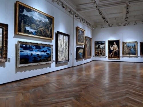 Prompt: Tour of an art gallery with many beautiful works of art in different styles.