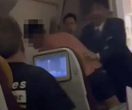 तस्वीर में क्रू मेंबर हिंसा करने वाले ब्रिटिश नागरिक को पकड़ता नजर आ रहा है।