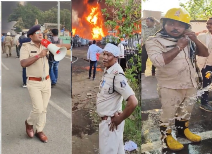 भंडारगृह स्थल पर आग बुझाते फायर-कर्मी, घटनास्थल खाली कराते पुलिस अधिकारी।