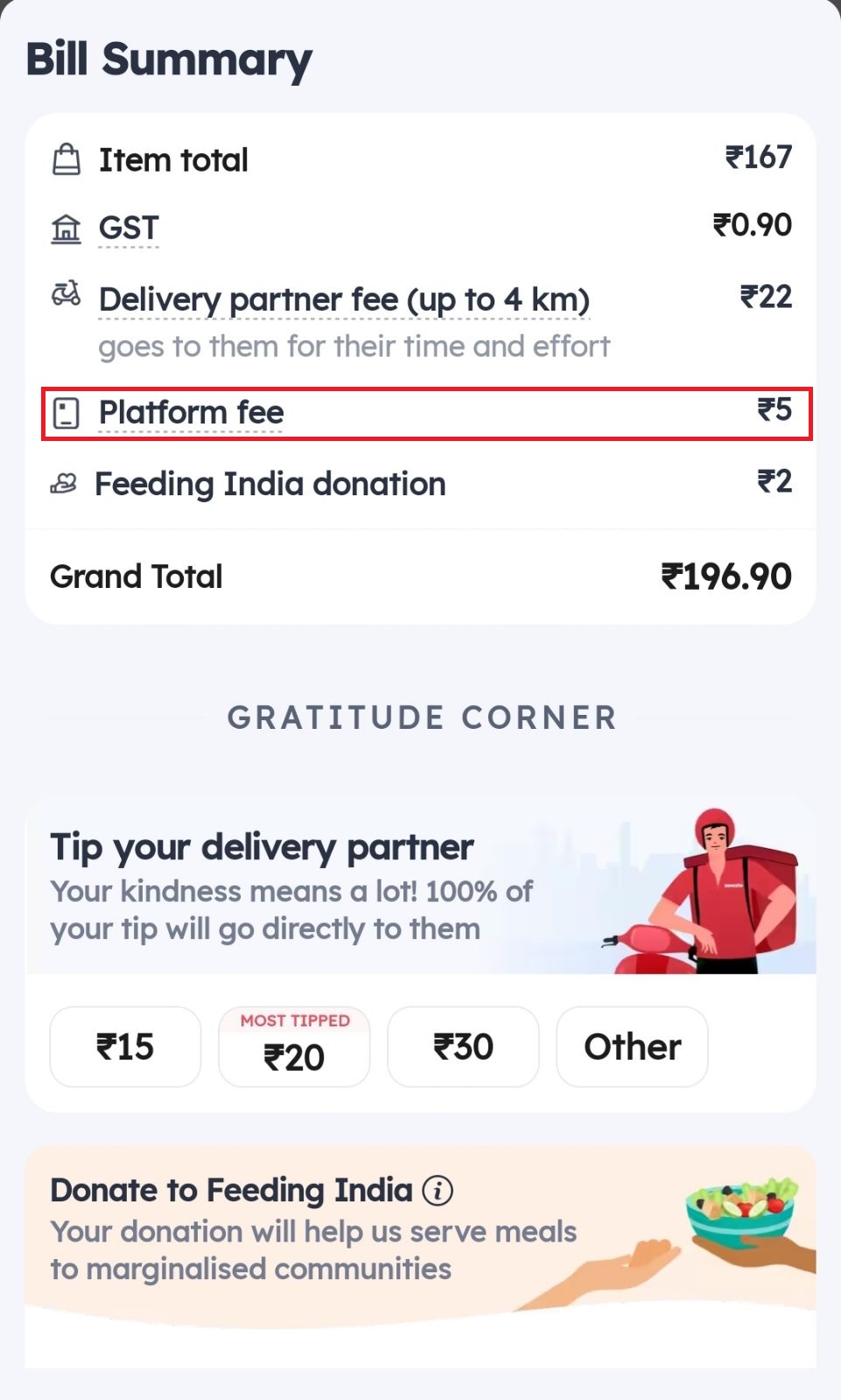 यह जोमैटो ऐप पर एक फूड ऑर्डर की बिल समरी है। इसमें कंपनी ने 5 रुपए प्लेटफॉर्म फीस के रूम में चार्ज किया है।