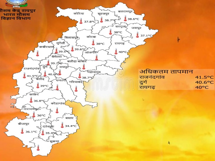 छत्तीसगढ़ के जिलों में अधिकतम तापमान की स्थिति।