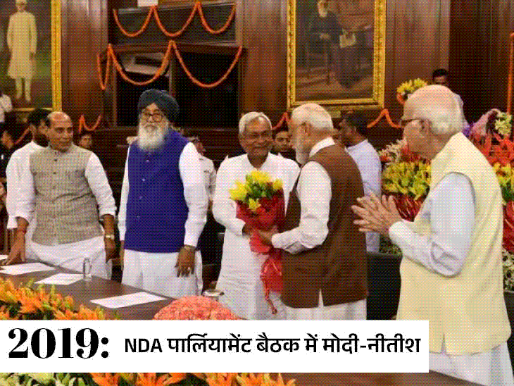 2019 और 2024 में मोदी को NDA का संसदीय दल का नेता बनने की तस्वीरें हैं। 2019 में नीतीश कुमार ने मोदी का गुलदस्ता देकर स्वागत किया। 2024 में नीतीश, मोदी को झुककर नमन करते दिखे।