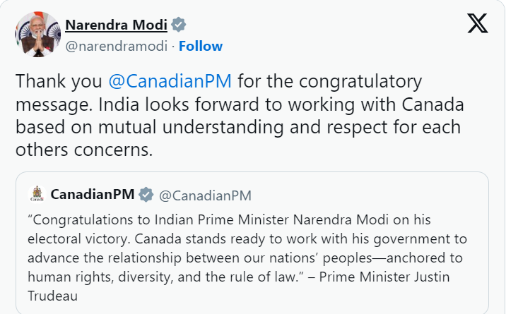 ट्रूडो के ट्वीट पर मोदी का रिप्लाई