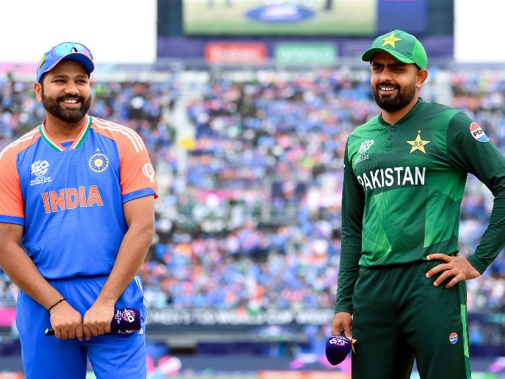टीम इंडिया के कप्तान रोहित शर्मा (बाएं) और पाकिस्तानी कप्तान बाबर आजम की यह फोटो 9 जून, 2024 की है, जब भारत-पाकिस्तान टी-20 वर्ल्ड कप के ग्रुप स्टेज के मुकब्बले में आमने-सामने थे। - Dainik Bhaskar