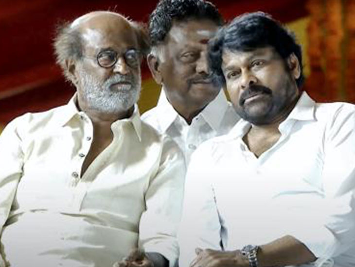 आंध्र प्रदेश में मुख्यमंत्री के शपथ ग्रहण समारोह में तमिल सुपरस्टार रजनीकांत (बाएं) भी पहुंचे। रजनीकांत और चिरंजीवी के पीछे तमिलनाडु के पूर्व सीएम ओ पनीरसेल्वम हैं।