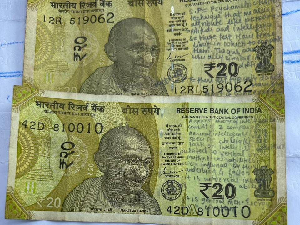 The copy was written on a 20 rupee note and an ATM slip