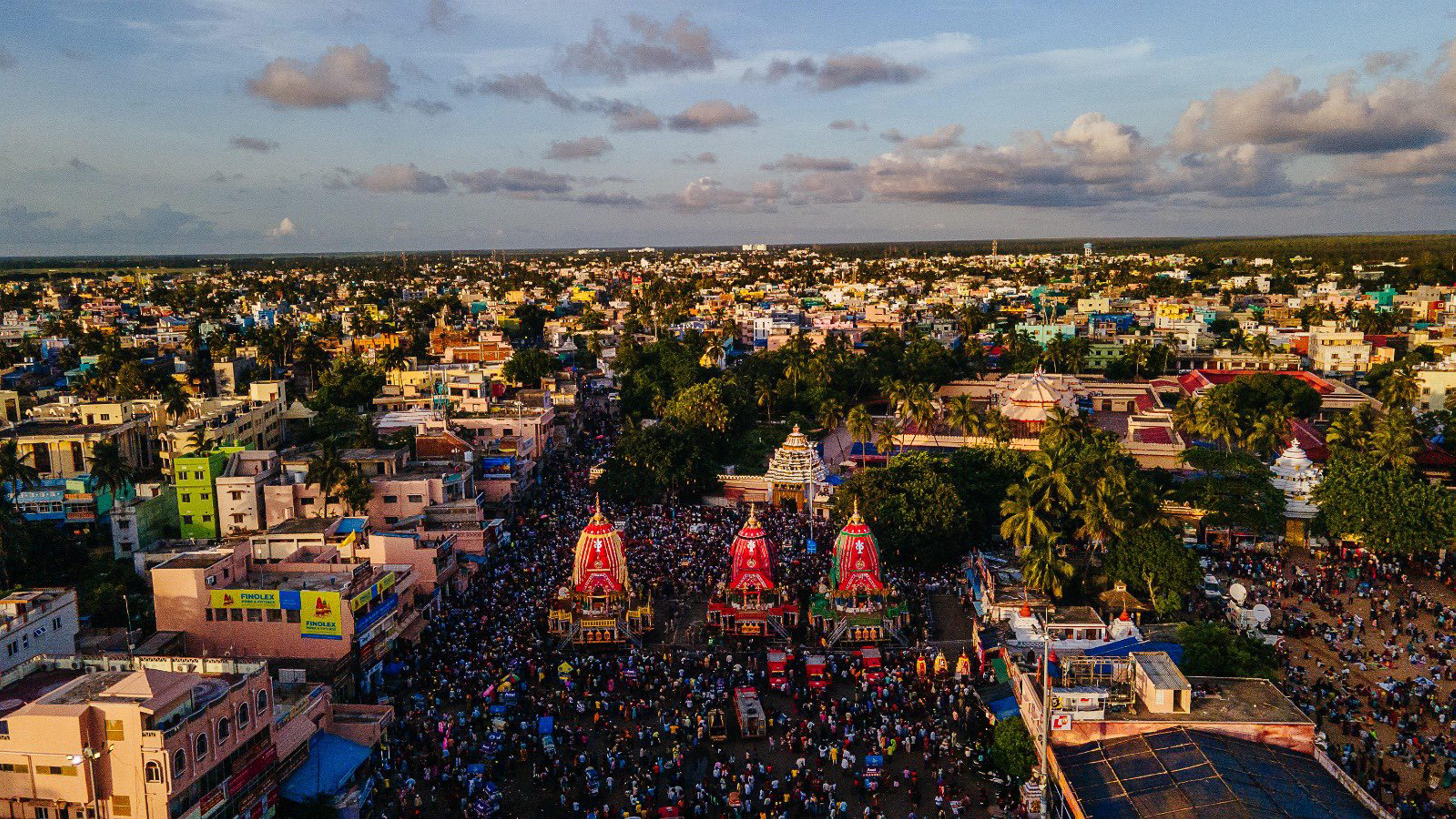 Taladhwaj, Darpadalan and Nandighosha chariots standing outside the Gundicha Temple.