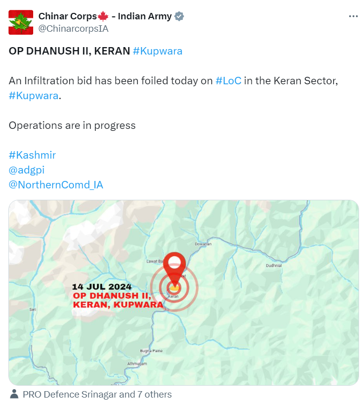 Indian Army's Chinar Corps has shared the location of terrorist infiltration in Kupwara.