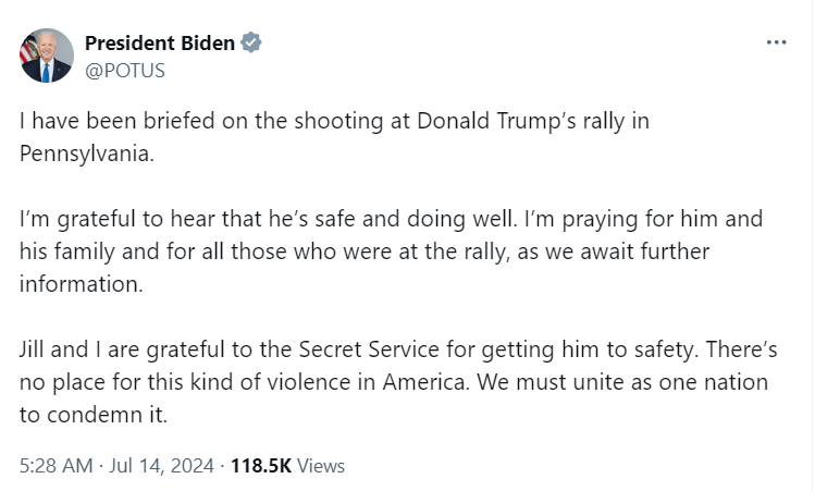 घटना को लेकर जो बाइडेन का सोशल मीडिया पोस्ट।