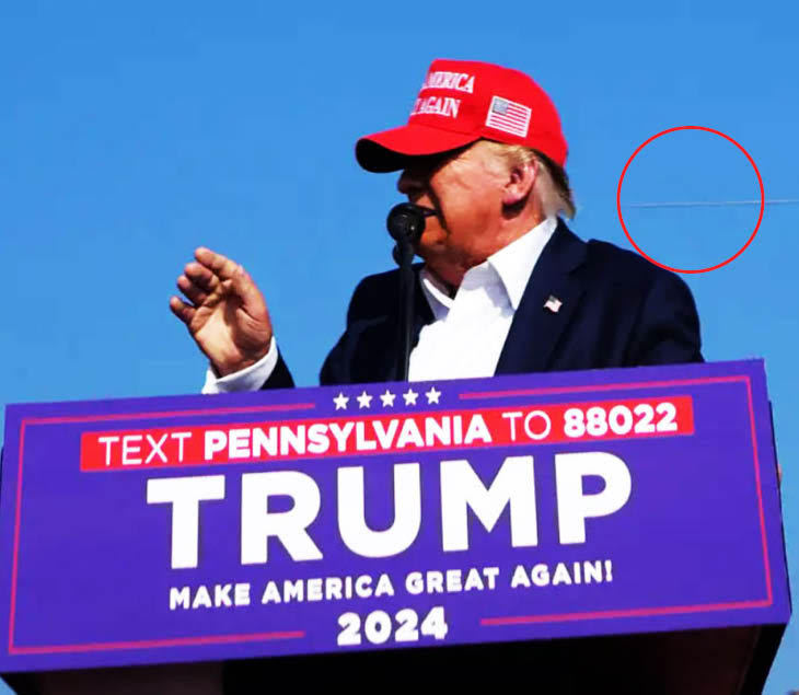 In this photo, a bullet from the attacker's assault rifle is seen passing near Trump's right ear.