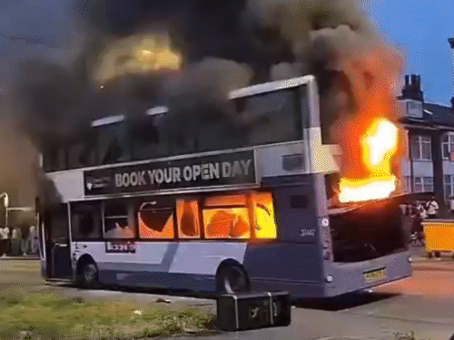 In Leeds people set a bus on fire using garbage.
