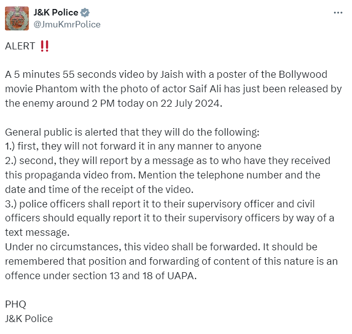 On July 22 at 3 pm, J&K Police shared this post on X.