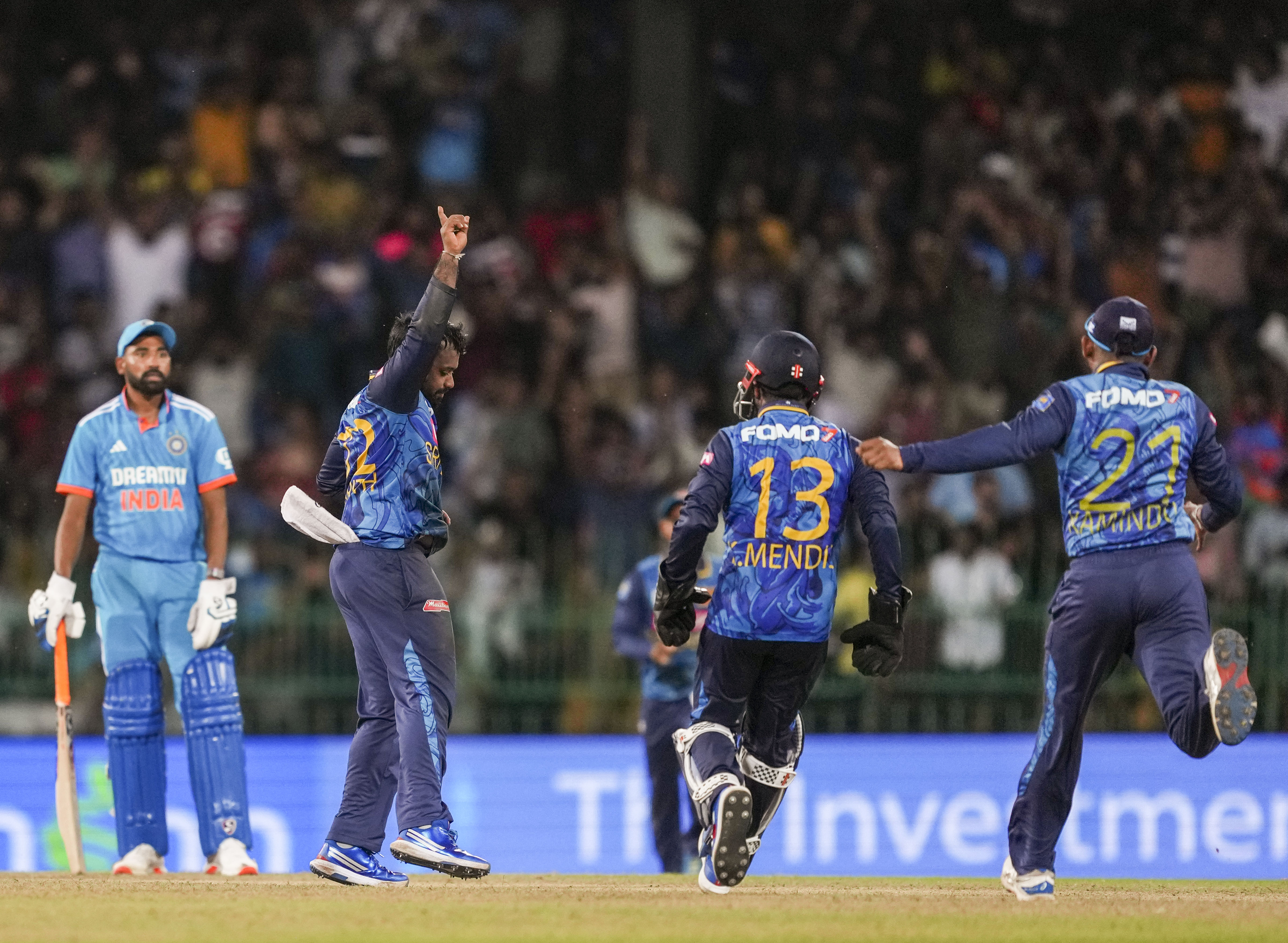 Sri Lankan captain Charith Aslanka turned the match around by taking 2 wickets in 2 balls in the 48th over. India was all out for 230 and the match was tied.