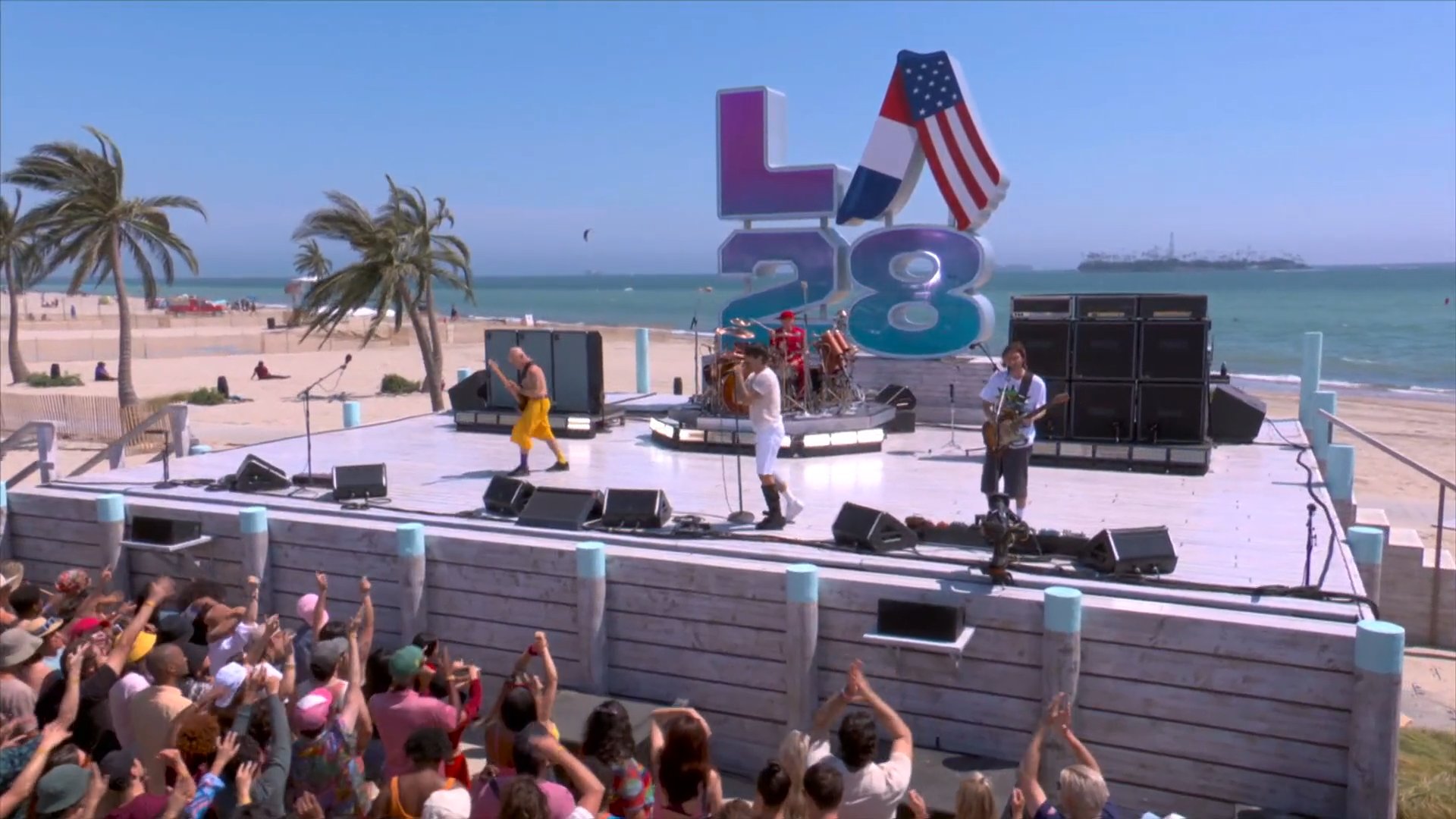 Grammy-winning band Red Hot Chili Peppers sang 'Can't Stop' on the beach.